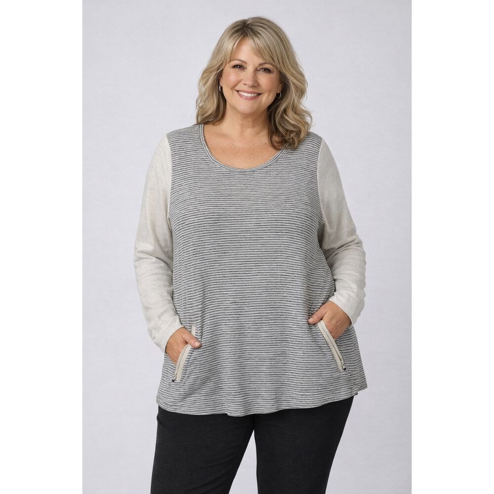 T by Talbots Grey Striped Sweatshirt Pockets Capsole Minimalist Office Womens 2x